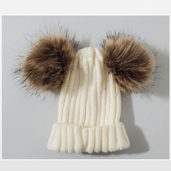 New Double Pompoms Beanie Hat Toddler Kid Cream Chunky Knit - Picture 7 of 14